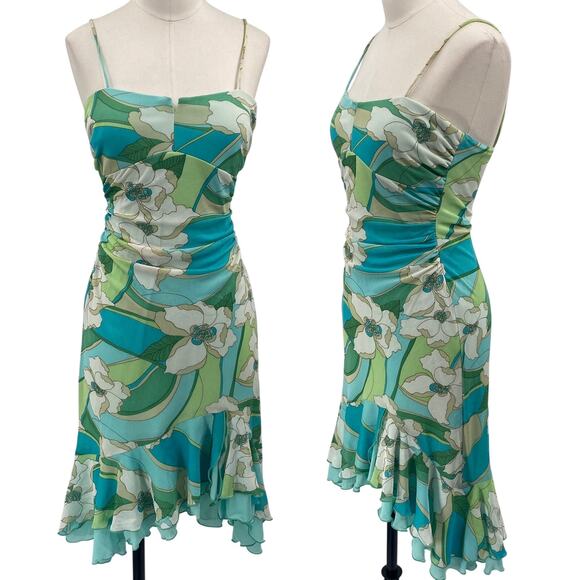 Vintage Y2k City Triangles Retro Floral Mini Dress Ruffled Hem Stretchy Mesh XS - Picture 1 of 8